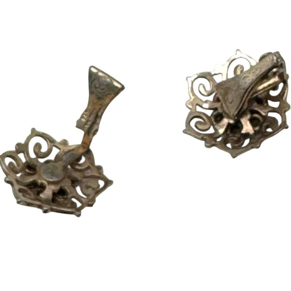 Vintage Gold-Tone Clip-On Earrings Greenish Black Rhinestones & Filigree Design - Picture 6 of 8